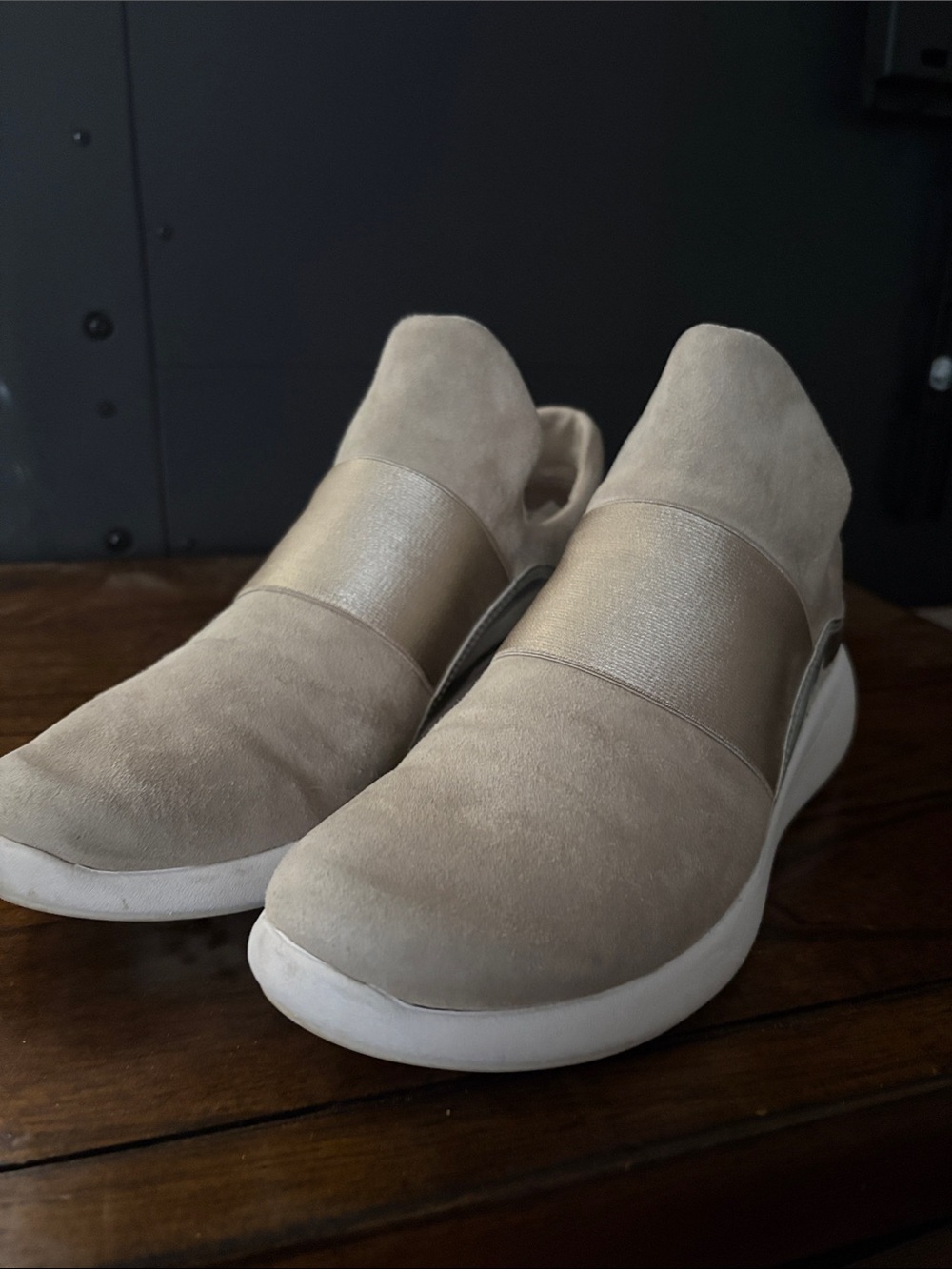 Donna Karan Taupe Suede Slip-On Athletic Sneakers